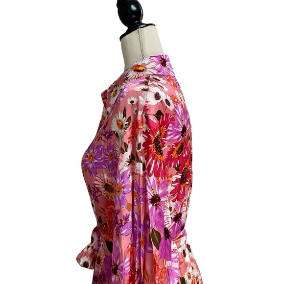 Rachel Parcell Pink Floral Shirt Dress Belted Tiered Ruffle Hem Long Sleeve 6 - Picture 10 of 16